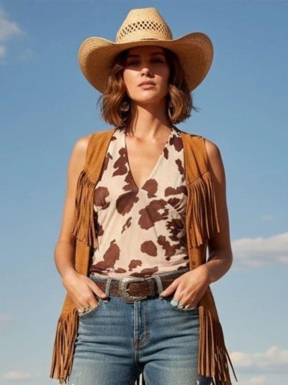See You Monday Halter Tank Top in Beige and Brown Cow Print size XL Festival